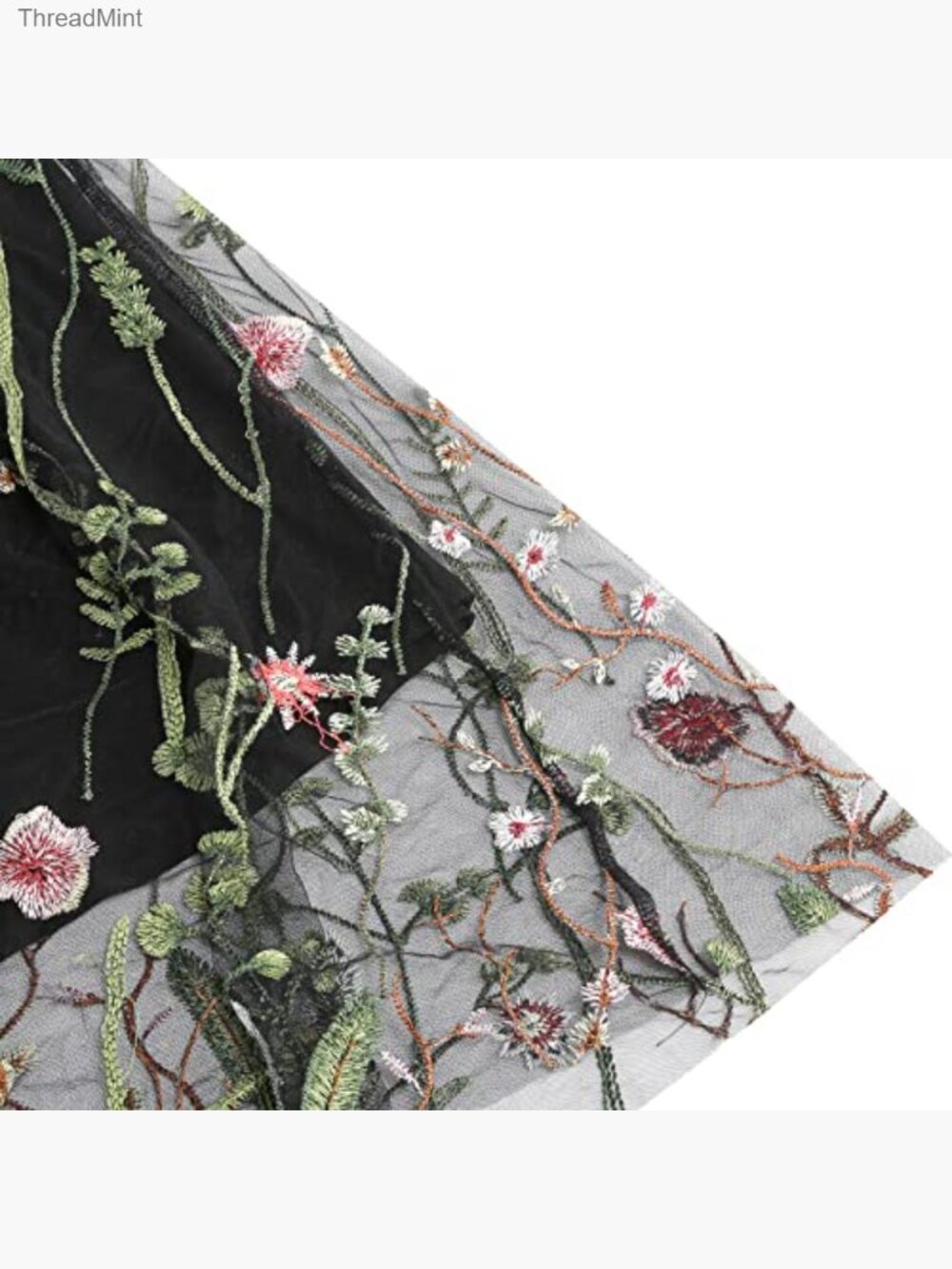 Vintage Floral Embroidered Tulle Midi Skirt Elastic High Waist A-line Swing - Picture 6 of 6